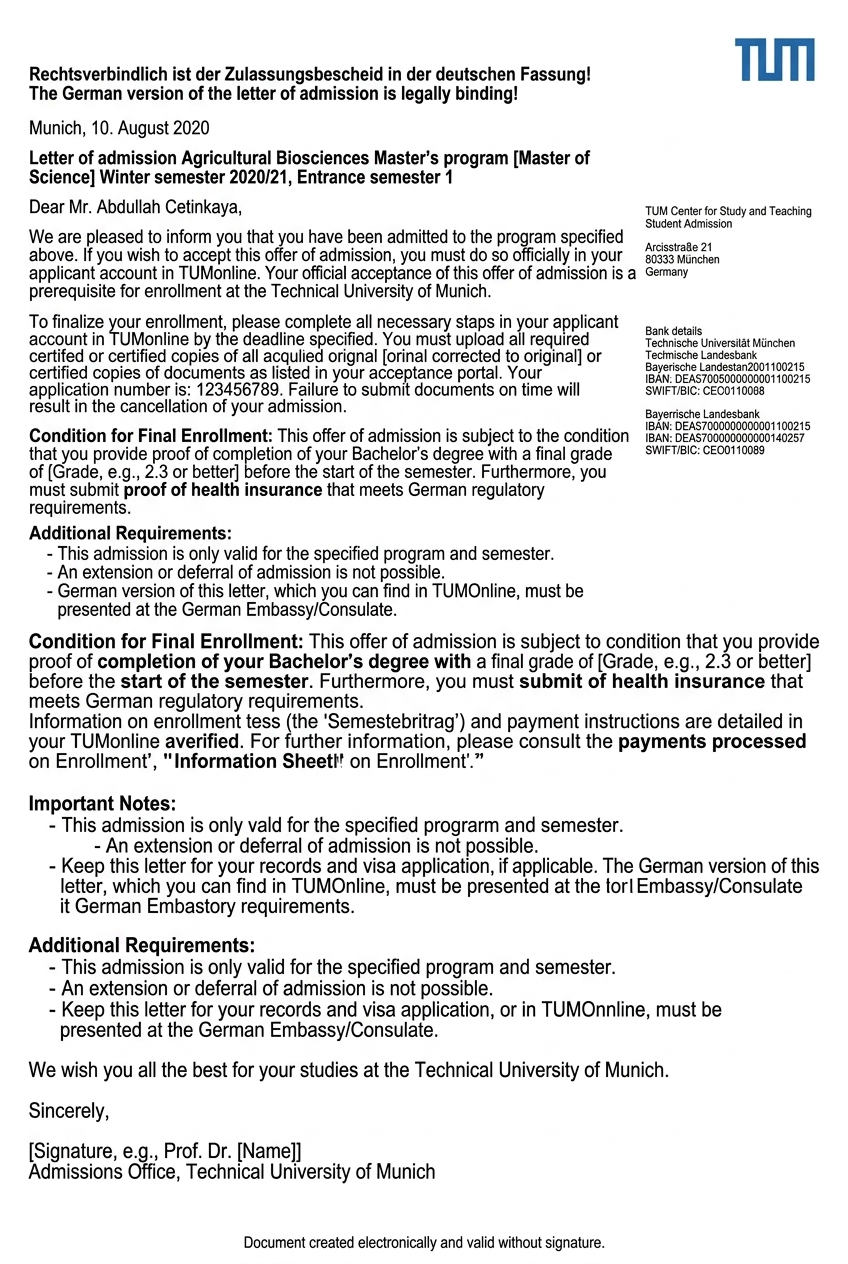 Official Admission Letter